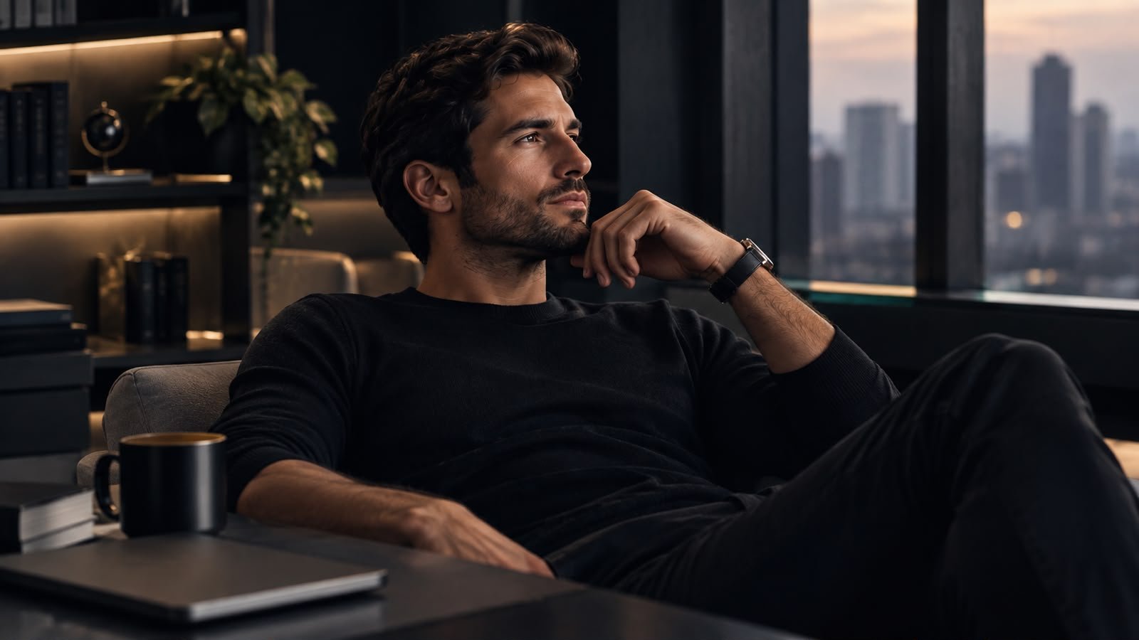 Homem em ambiente sofisticado refletindo — cuidado com a saúde masculina