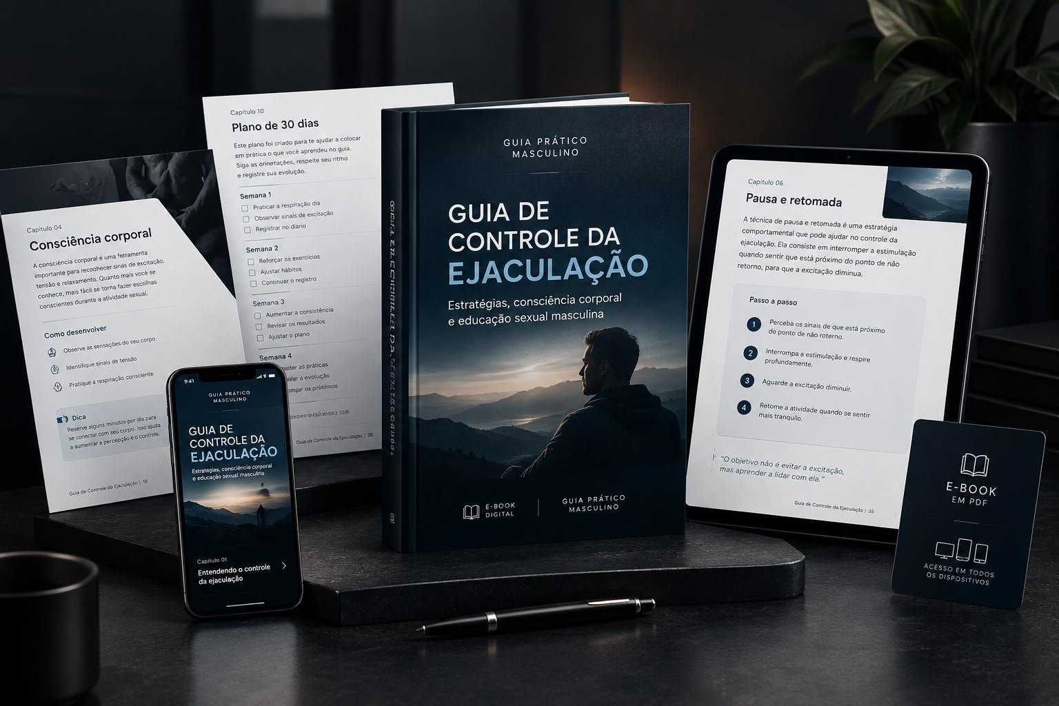 Páginas, plano de 30 dias e ficha de acompanhamento do Guia de Controle da Ejaculação